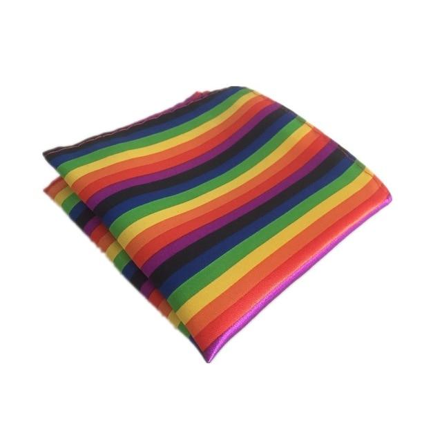 Folded rainbow-striped hanky with multicolored bands on a white background