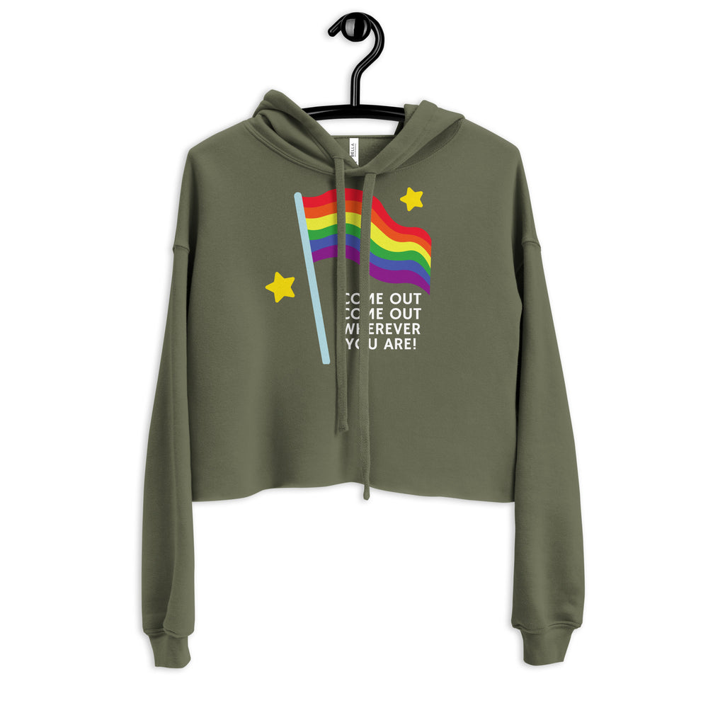 Front view of an olive-green cropped hoodie with rainbow stripes, stars, and white text