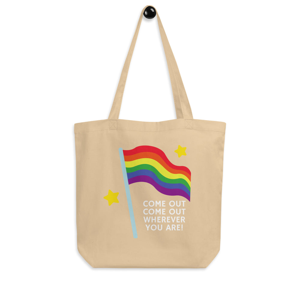 Oyster tote bag with a rainbow and stars, reading “COME OUT COME OUT WHEREVER YOU ARE!”