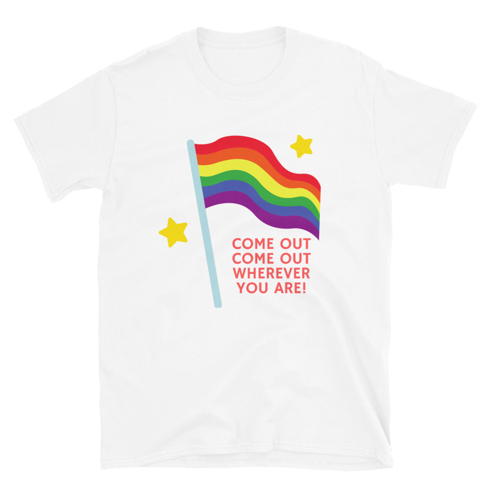 White T-shirt with a rainbow flag graphic, yellow stars, and “COME OUT COME OUT WHEREVER YOU ARE!”