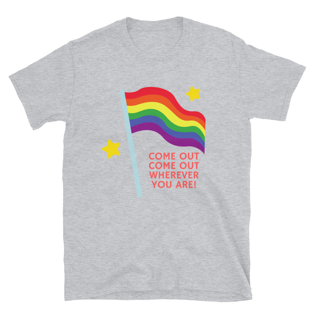 Gray Pride T-shirt with a rainbow flag, yellow stars, and “COME OUT COME OUT WHEREVER YOU ARE!”