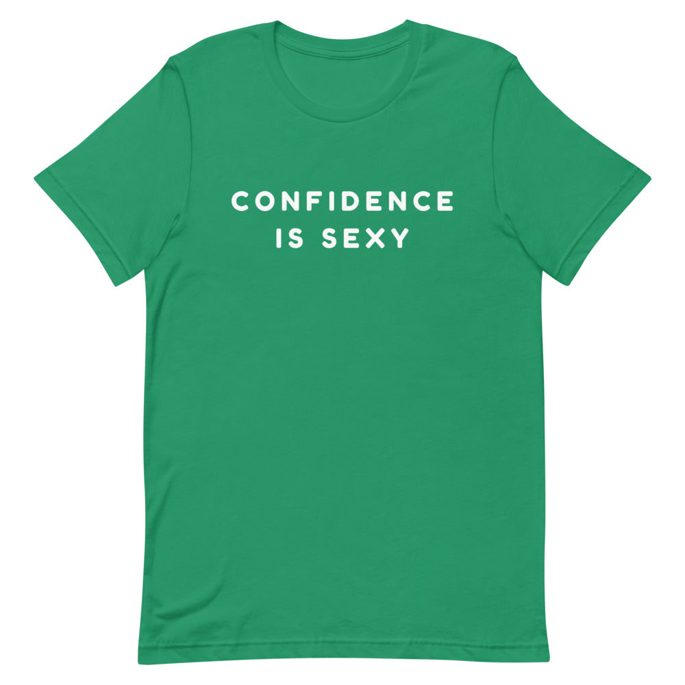 Green T-shirt with white text reading “CONFIDENCE IS SEXY”
