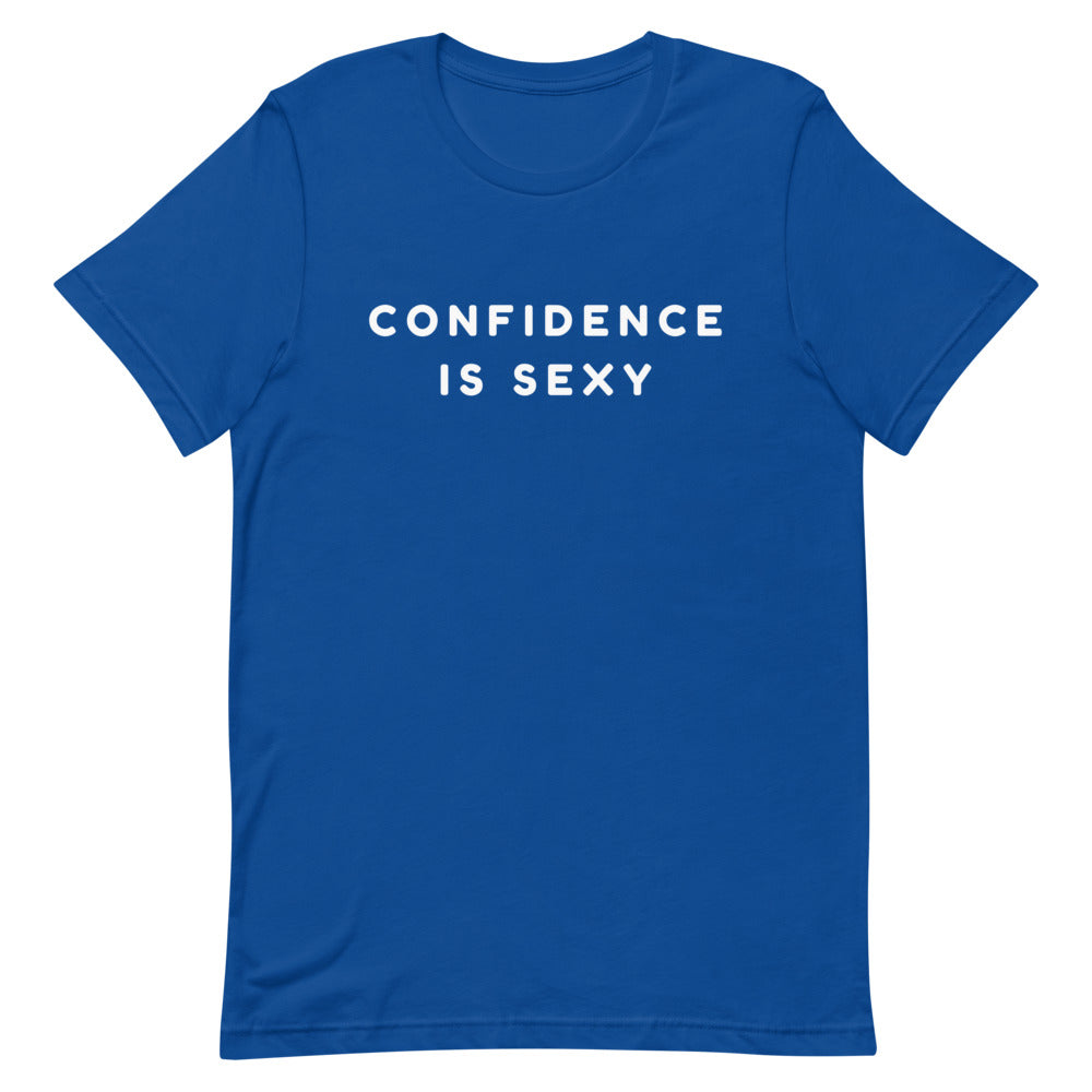 Blue T-shirt with white “CONFIDENCE IS SEXY” lettering on the front