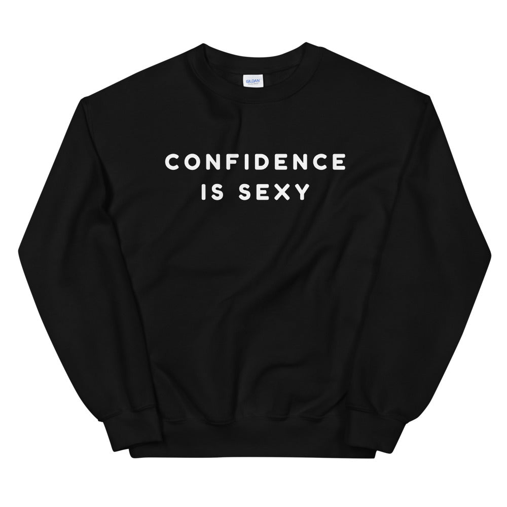 Black sweatshirt with white lettering reading “CONFIDENCE IS SEXY”