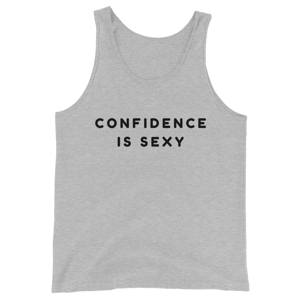 Gray tank top with black lettering reading “CONFIDENCE IS SEXY”