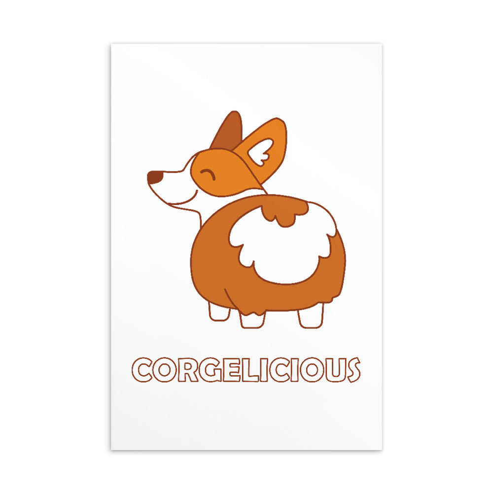 Postcard featuring a cartoon orange-and-white corgi and the word “CORGELICIOUS”