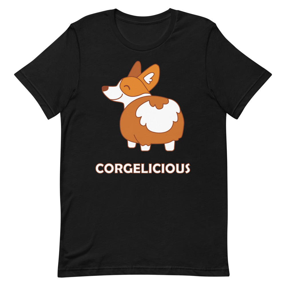 Black Corgelicious T-shirt with a cartoon corgi graphic and “CORGELICIOUS” text