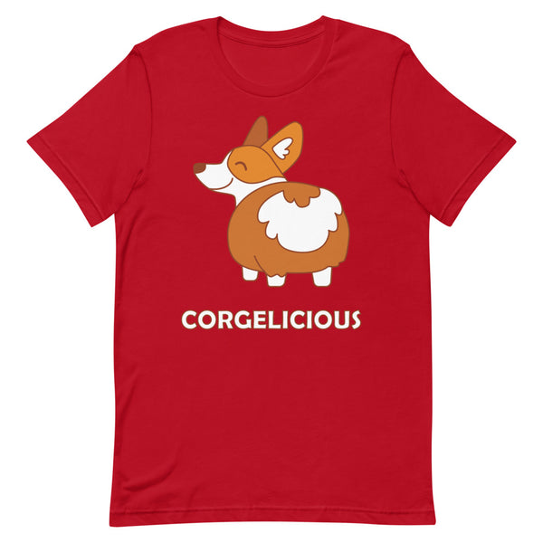 Red T-shirt with a cartoon corgi graphic and “CORGELICIOUS” text