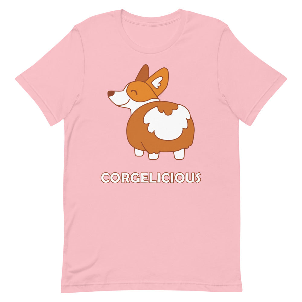 Flat lay of a pink T-shirt with a cartoon corgi and “CORGELICIOUS” text