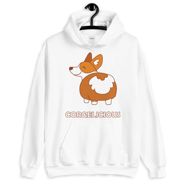 Front view of a white hoodie with a cartoon corgi and “CORGELICIOUS” graphic