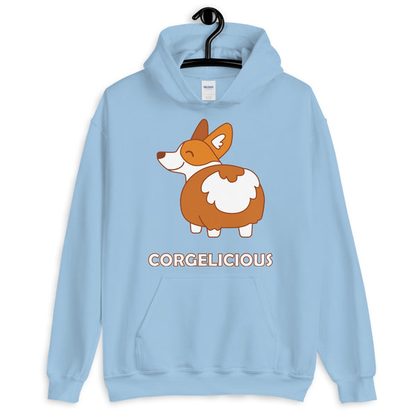 Light blue hoodie with a cartoon corgi graphic and “CORGELICIOUS” text