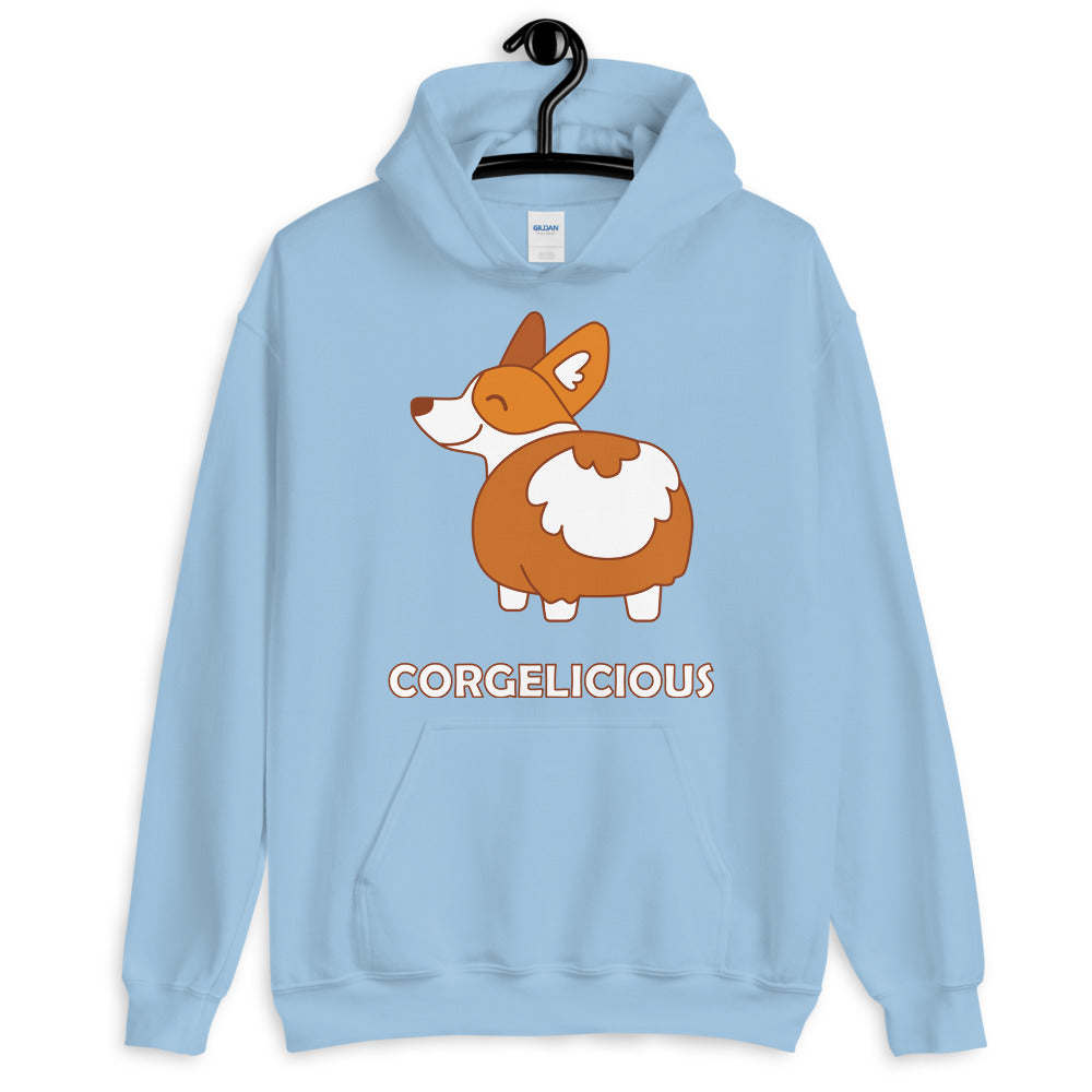 Light blue hoodie with a cartoon corgi graphic and “CORGELICIOUS” text
