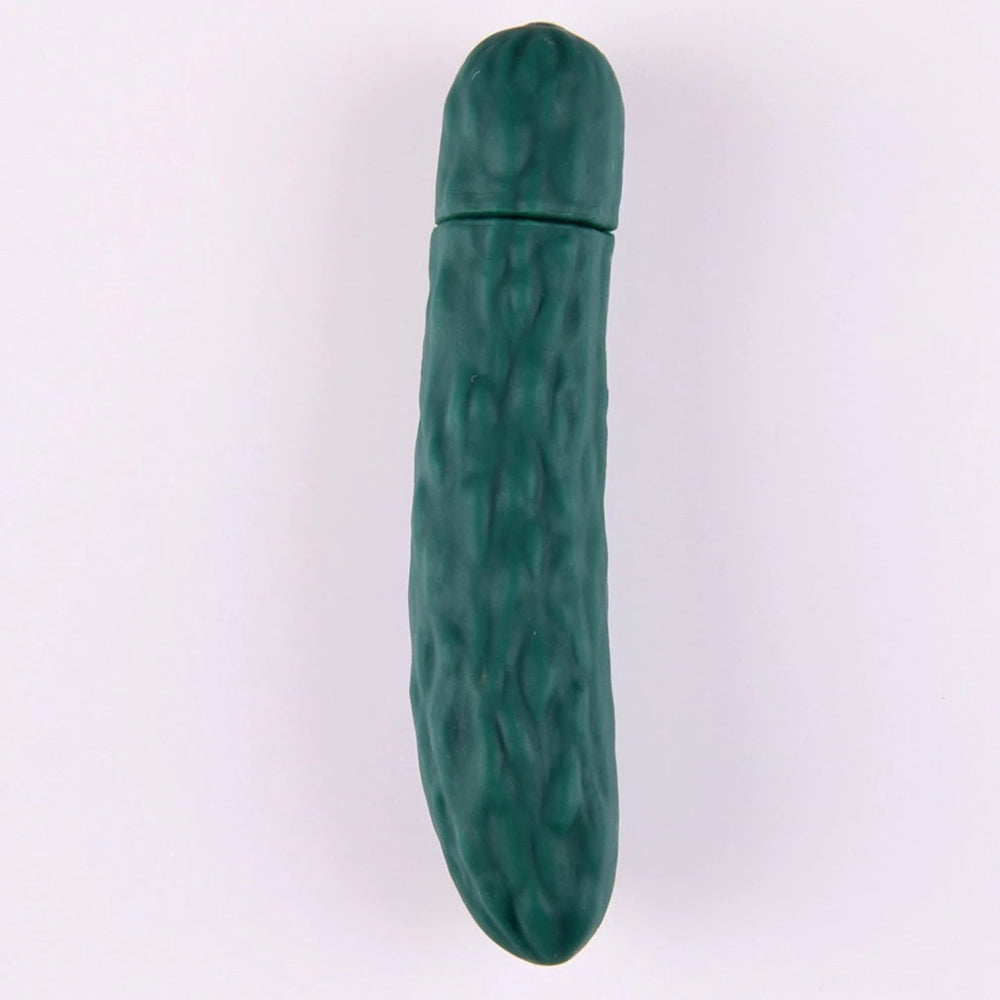 Vertical dark green cucumber-shaped vibrator with a rounded cap and textured surface