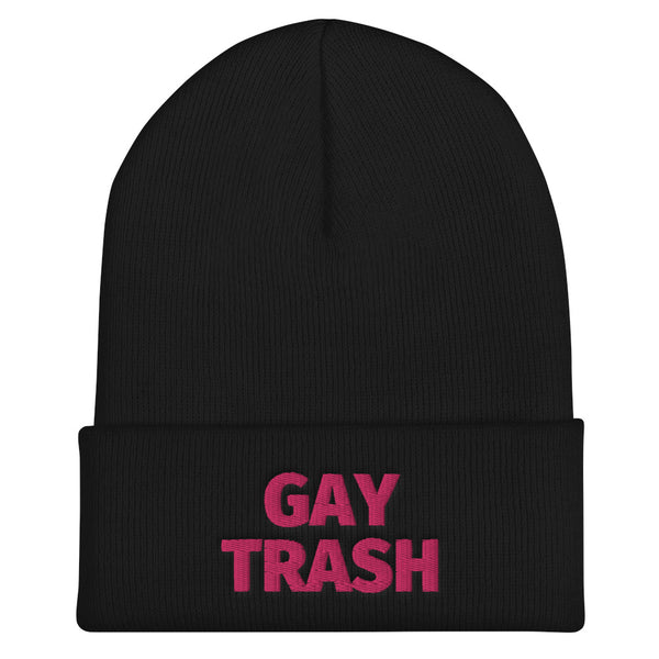 Black cuffed beanie with pink “GAY TRASH” lettering