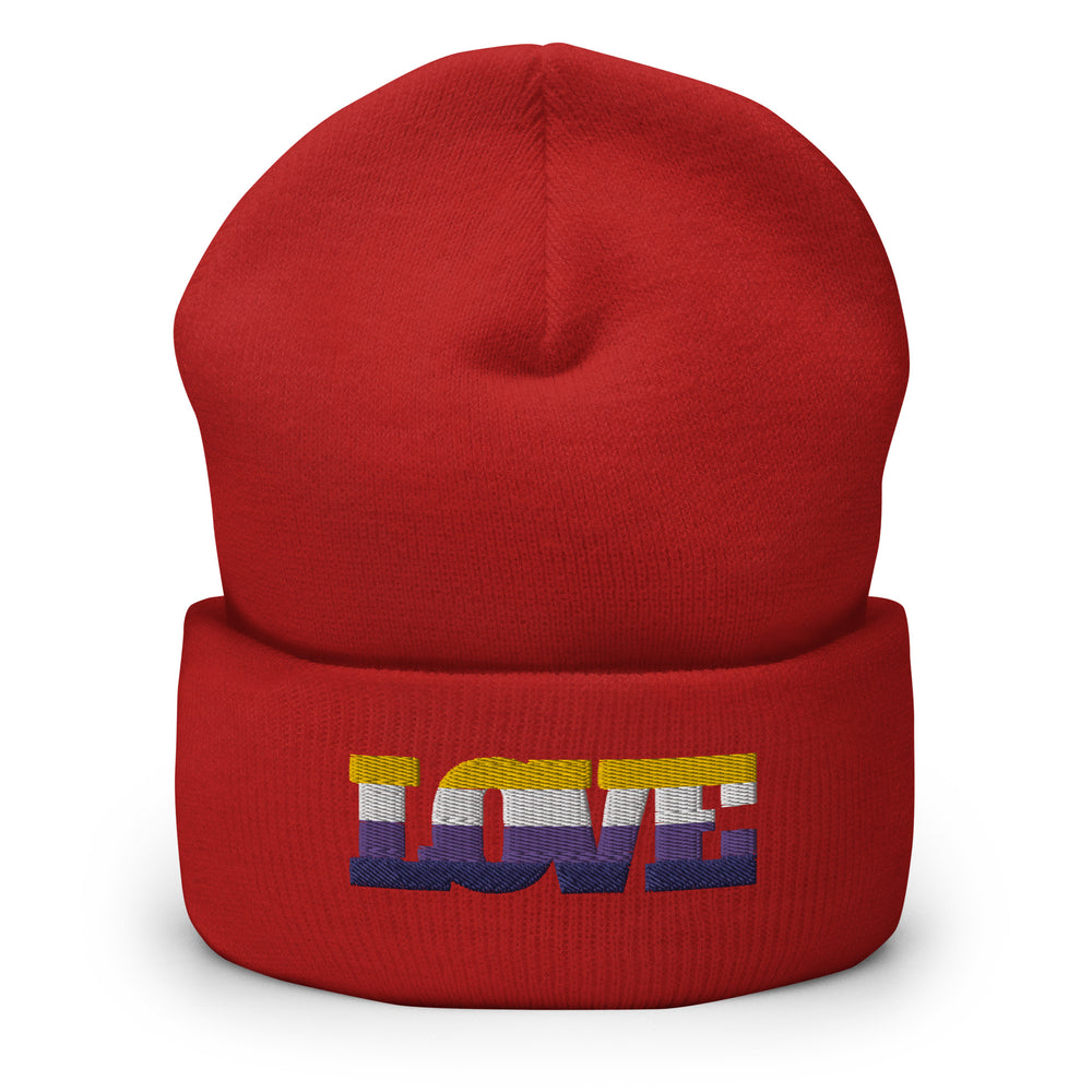 Red cuffed beanie with embroidered multicolor “LOVE” lettering, shown upright from the front