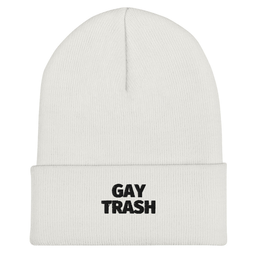 White Gay Trash (Black Text) Cuffed Beanie by Queer In The World Originals sold by Queer In The World: The Shop - LGBT Merch Fashion