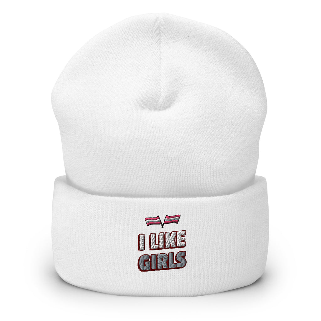 White I Like Girls Cuffed Beanie by Queer In The World Originals sold by Queer In The World: The Shop - LGBT Merch Fashion