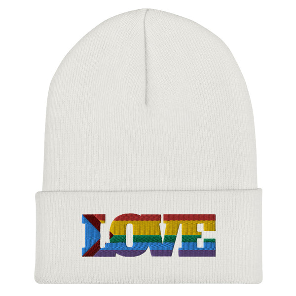 White Progress LGBT Love Cuffed Beanie by Queer In The World Originals sold by Queer In The World: The Shop - LGBT Merch Fashion