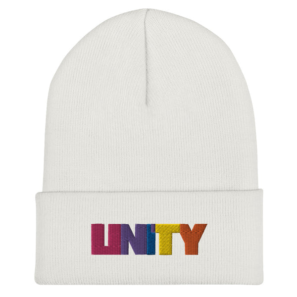 White ribbed cuffed beanie with multicolored UNITY lettering on the front