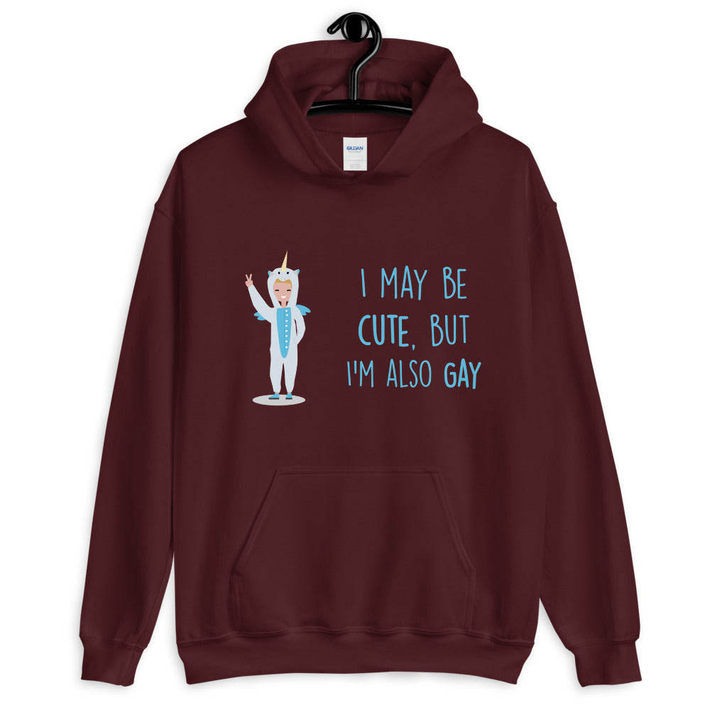 Burgundy hoodie with a unicorn-costumed character and text reading “I may be cute, but I’m also gay”