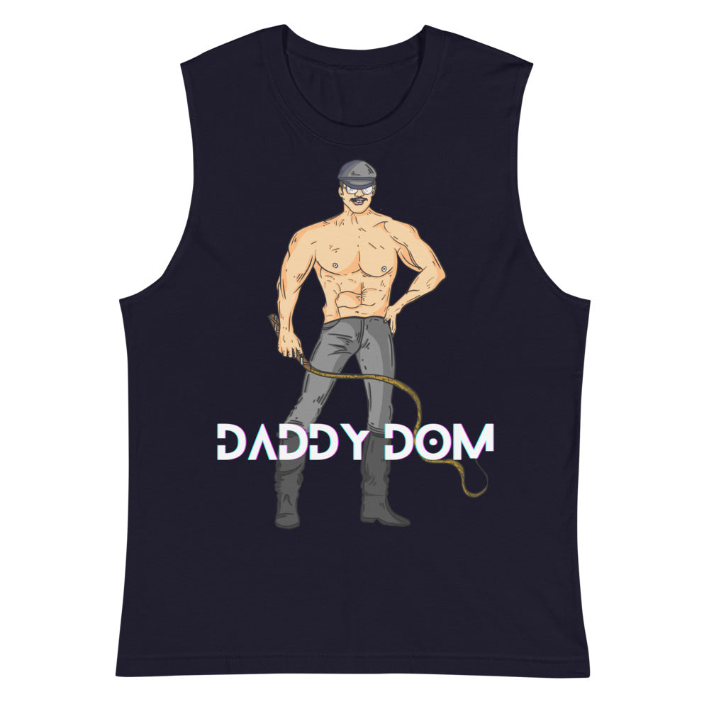 Navy sleeveless tank top with a cartoon muscular man and “DADDY DOM” text