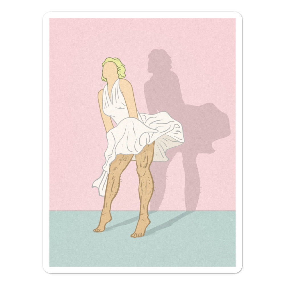 Illustrated sticker of a blonde figure in a white dress with a large pink shadow