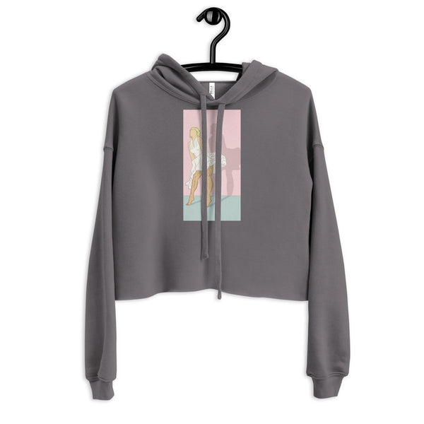 Front view of a charcoal cropped hoodie with drawstrings and a pink Marilyn Monroe-style graphic
