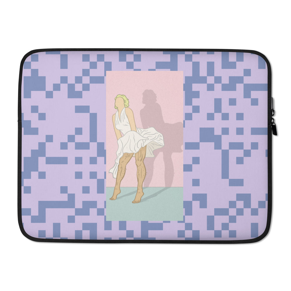Front view of a lavender laptop sleeve with blue pixel blocks and a vintage Marilyn Monroe-style illustration