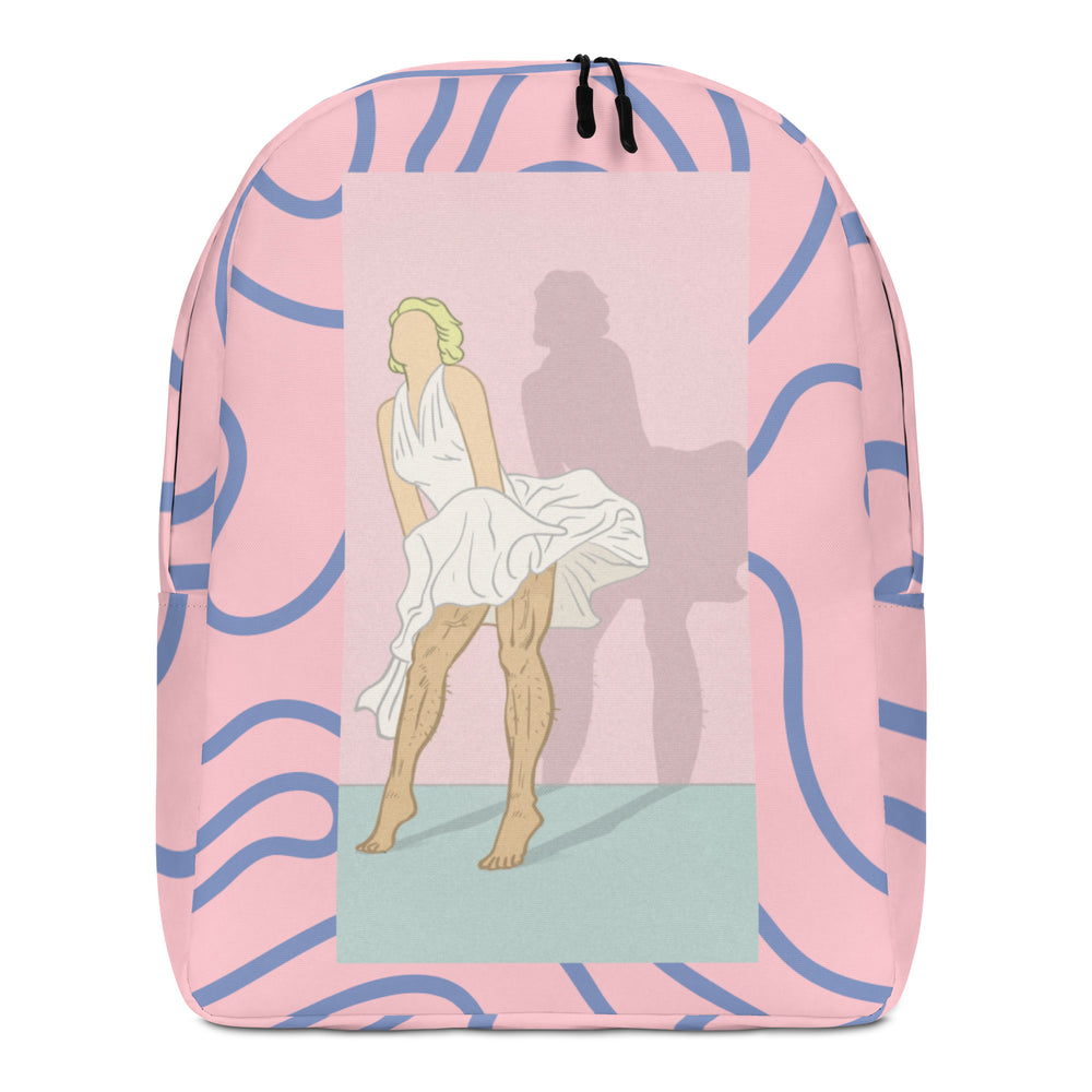 Front view of a pink backpack with blue squiggles and a vintage-style reclining figure graphic