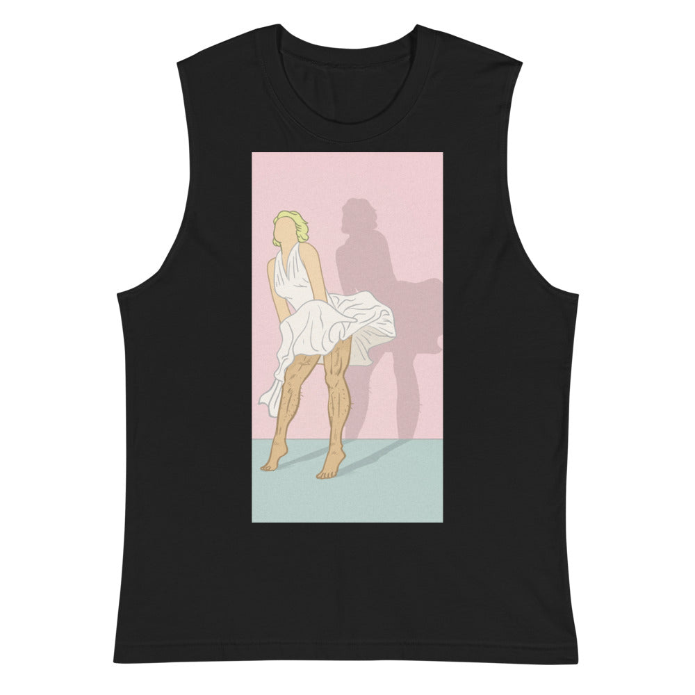 Front view of a black muscle tank top with a vintage-style Marilyn Monroe illustration