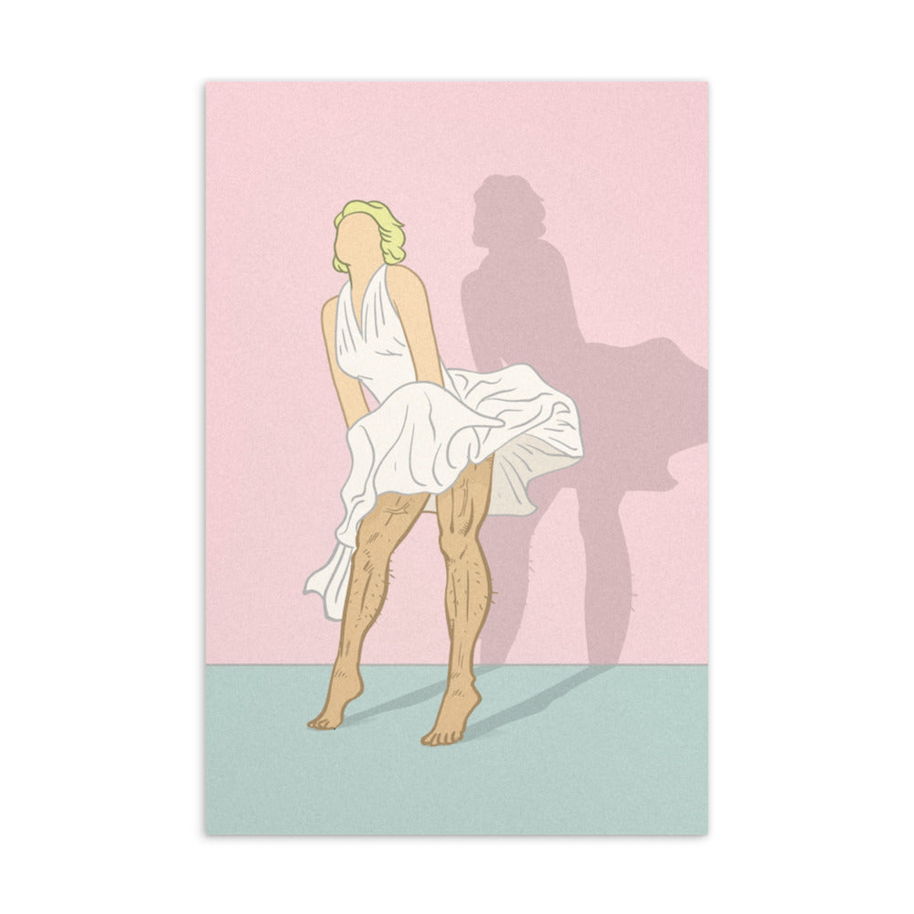 Postcard artwork of a blonde figure in a white dress beside a large shadow on a pink background