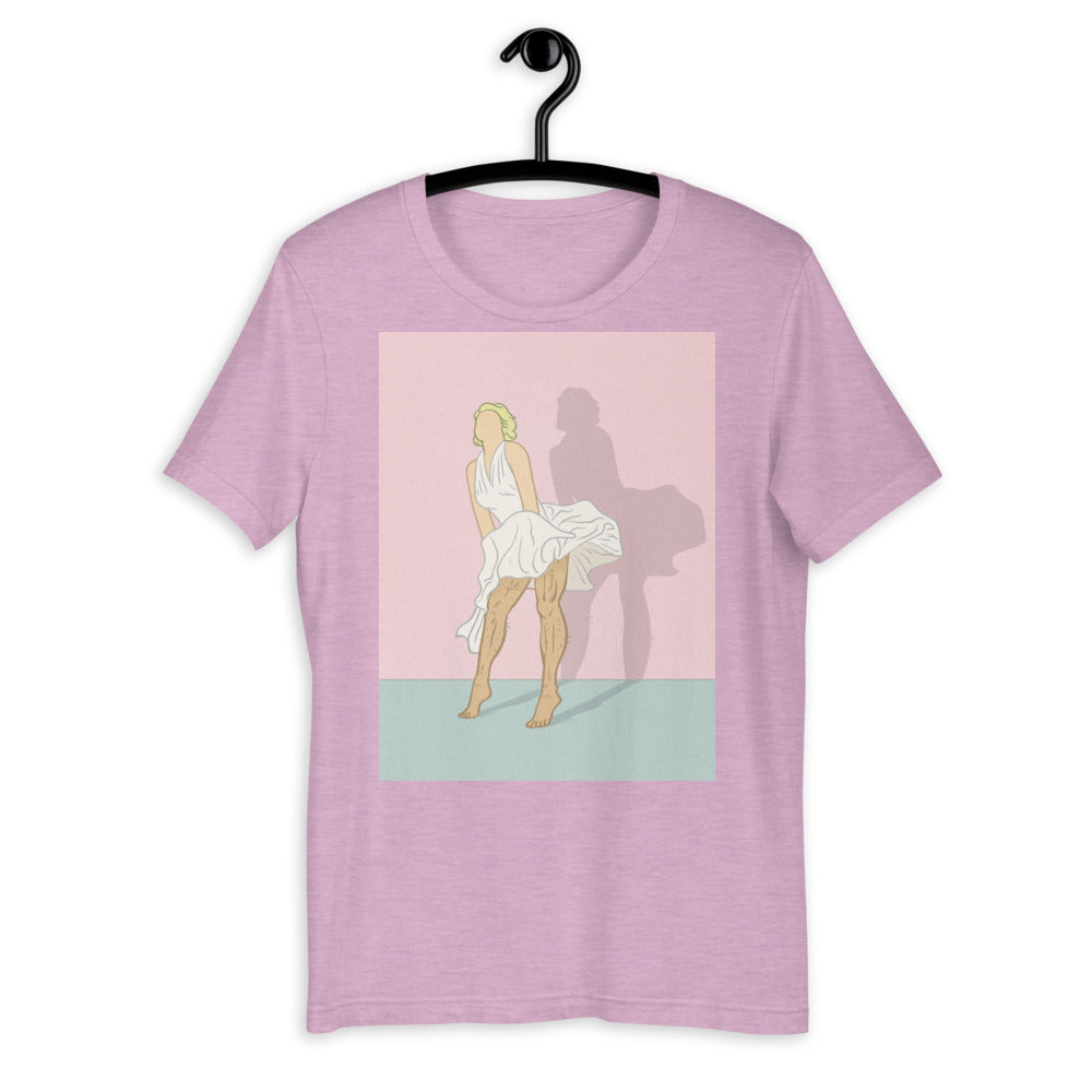 Close-up of a lavender T-shirt with a vintage-style figure in a white dress and shadow graphic