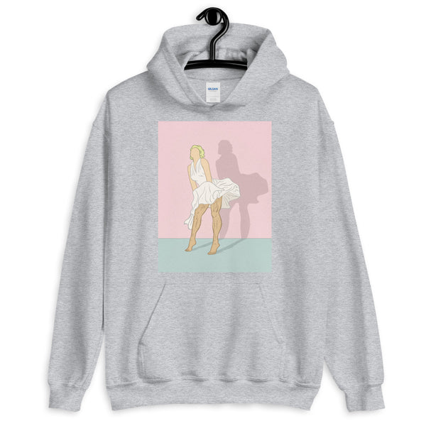 Gray hoodie with a vintage-style woman and shadow graphic in pink and teal blocks
