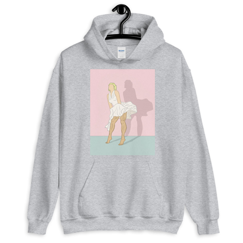 Gray hoodie with a vintage-style woman and shadow graphic in pink and teal blocks