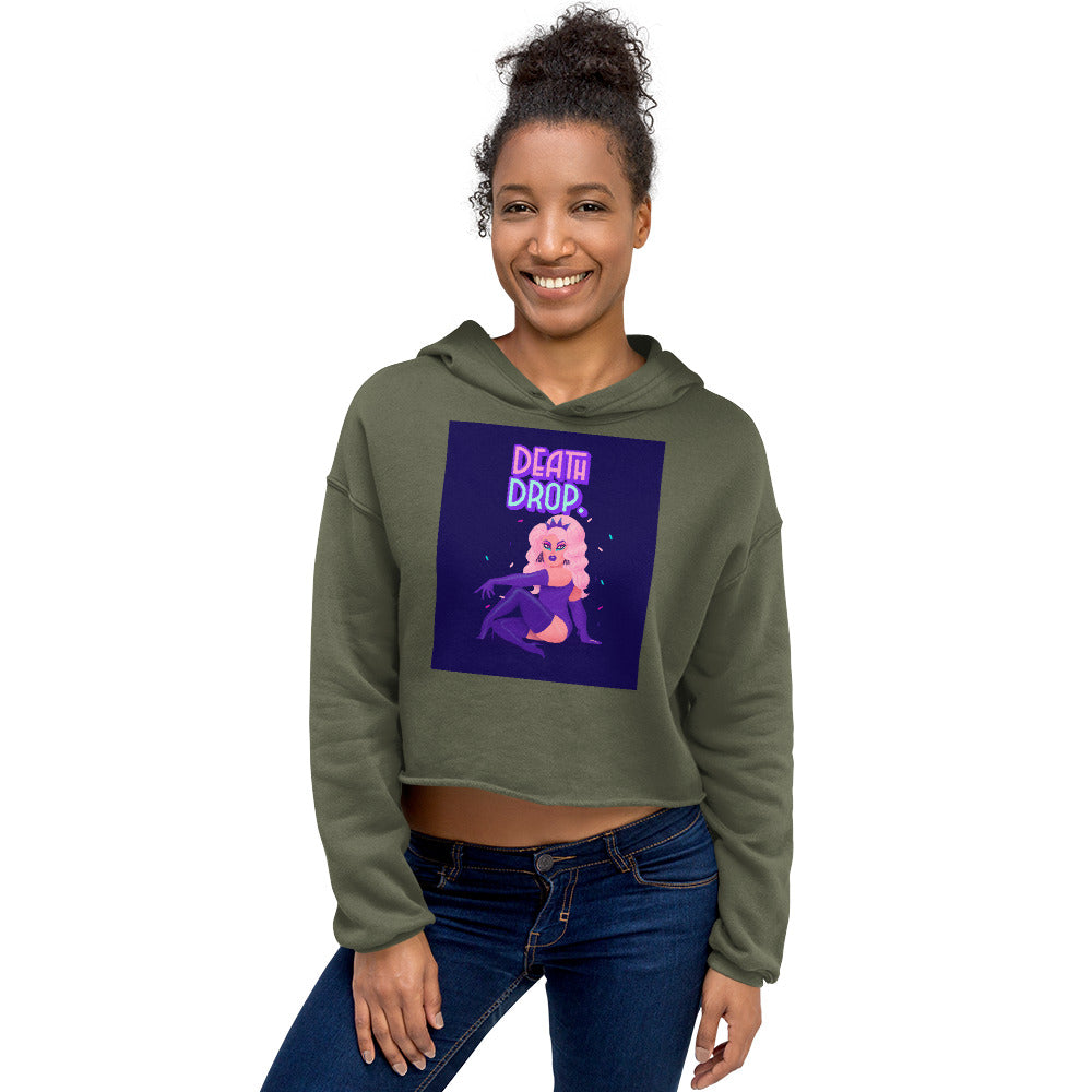 Model wearing an olive cropped hoodie with a colorful Death Drop graphic and hood