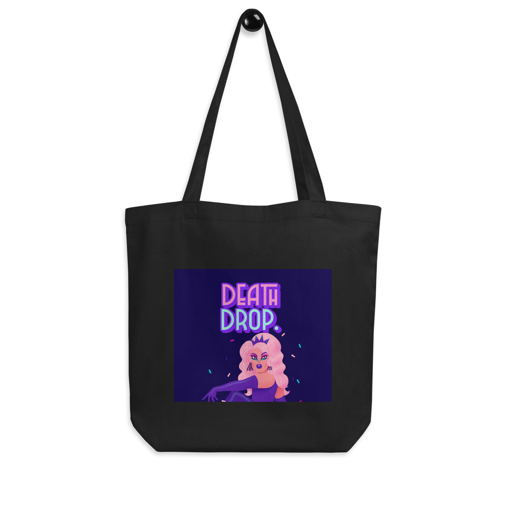 Front view of a black tote bag with colorful “DEATH DROP.” drag performer graphic
