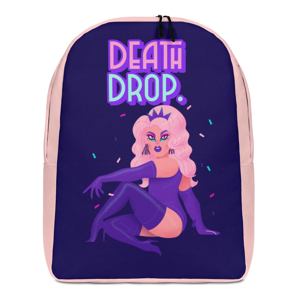 Front view of a pink-trimmed purple backpack reading “DEATH DROP,” with a glamorous illustrated figure