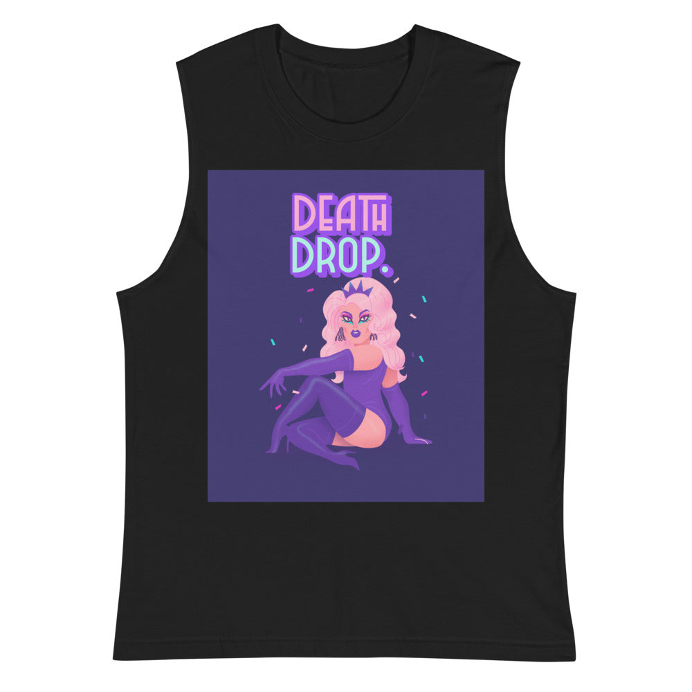 Black muscle tank top with a purple Death Drop drag performer graphic