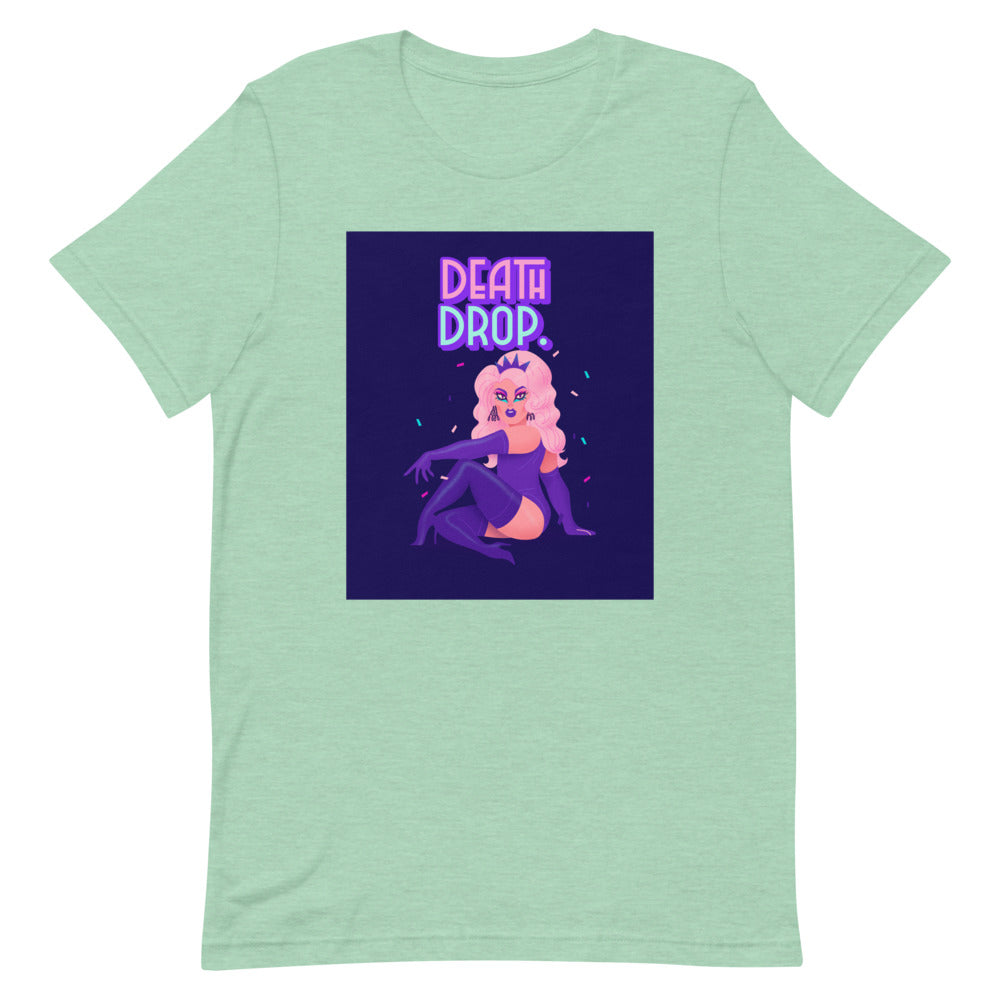 Mint green Death Drop T-shirt with a colorful drag queen graphic and “DEATH DROP” text