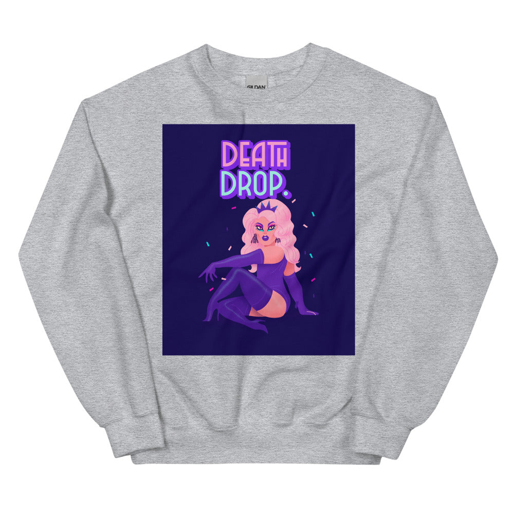 Front view of a gray sweatshirt with a colorful drag performer and “DEATH DROP” graphic