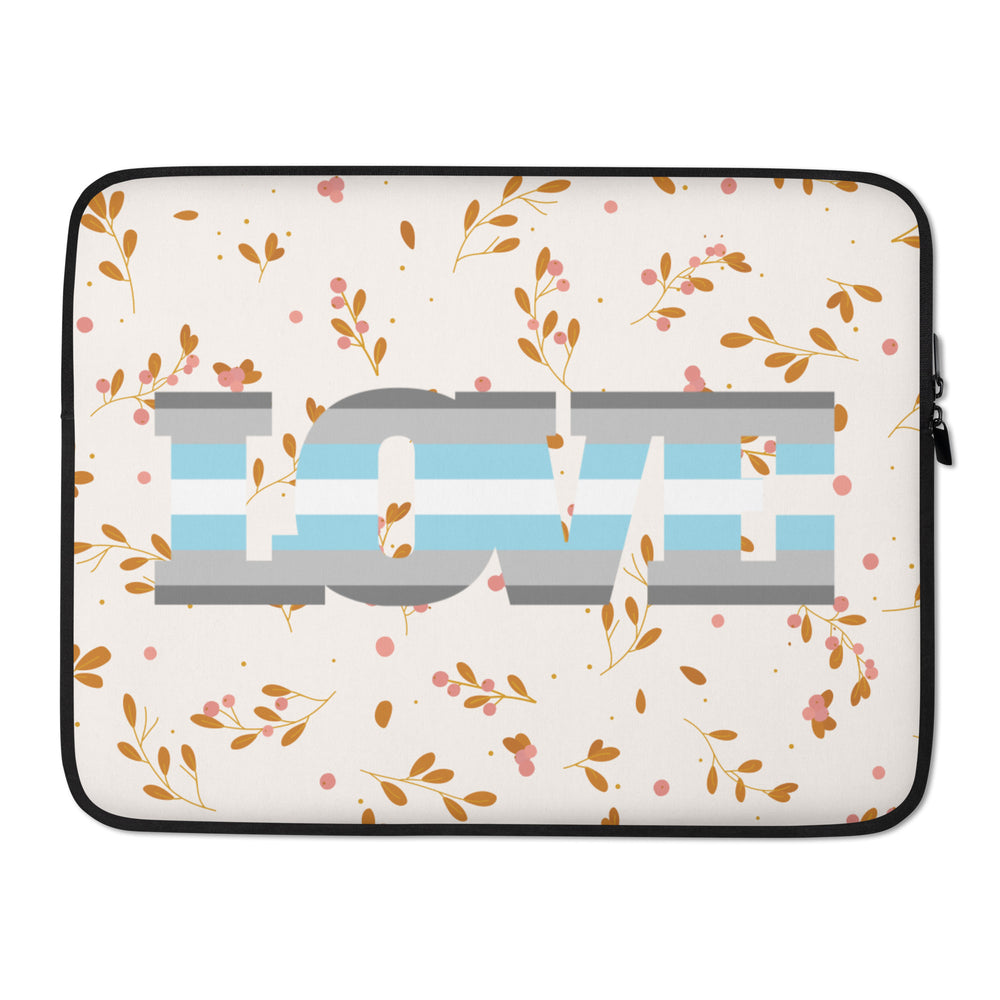 Laptop sleeve with a large demiboy flag design on a floral cream background