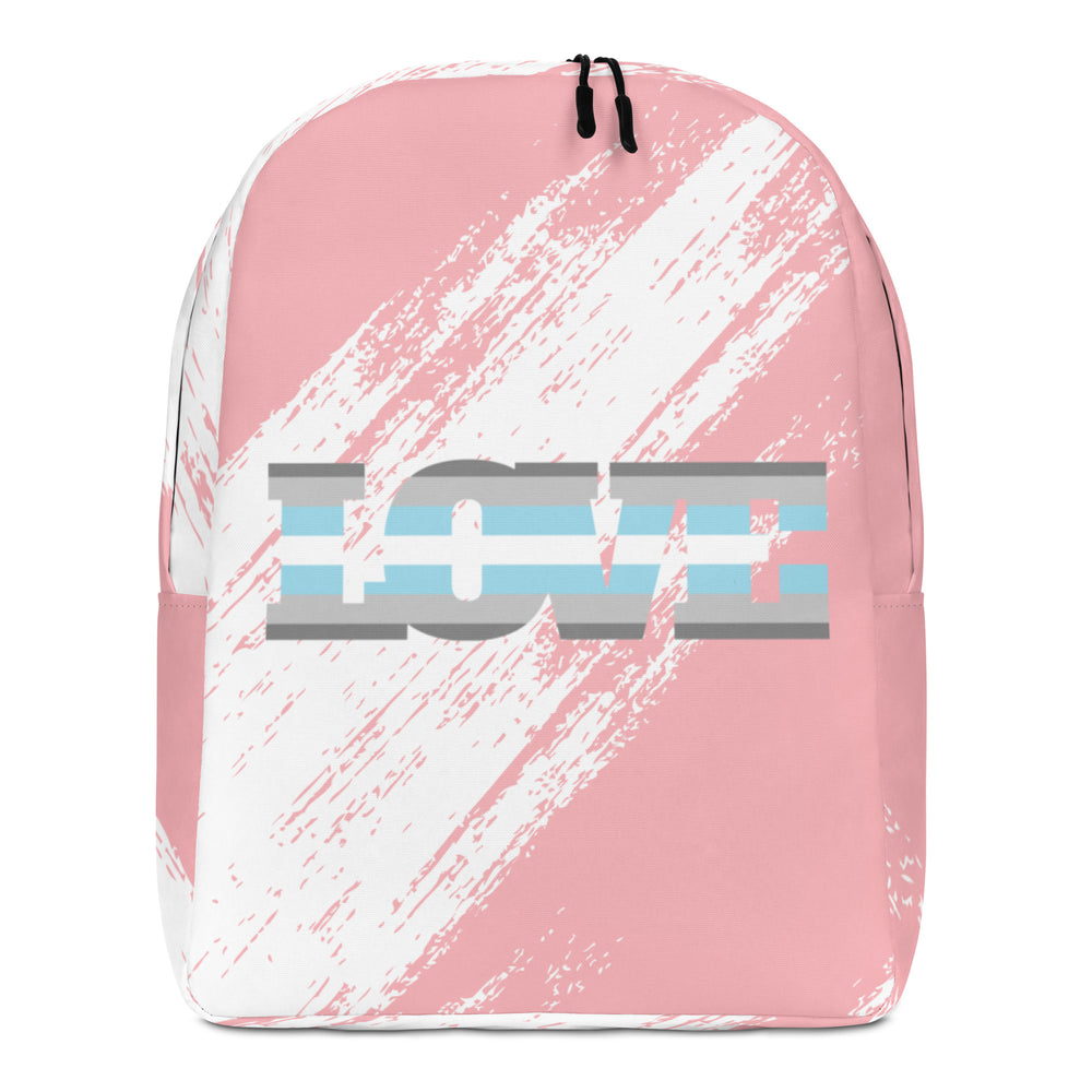 Front-view pink backpack with white brushstrokes and a centered blue, pink, white, and gray flag