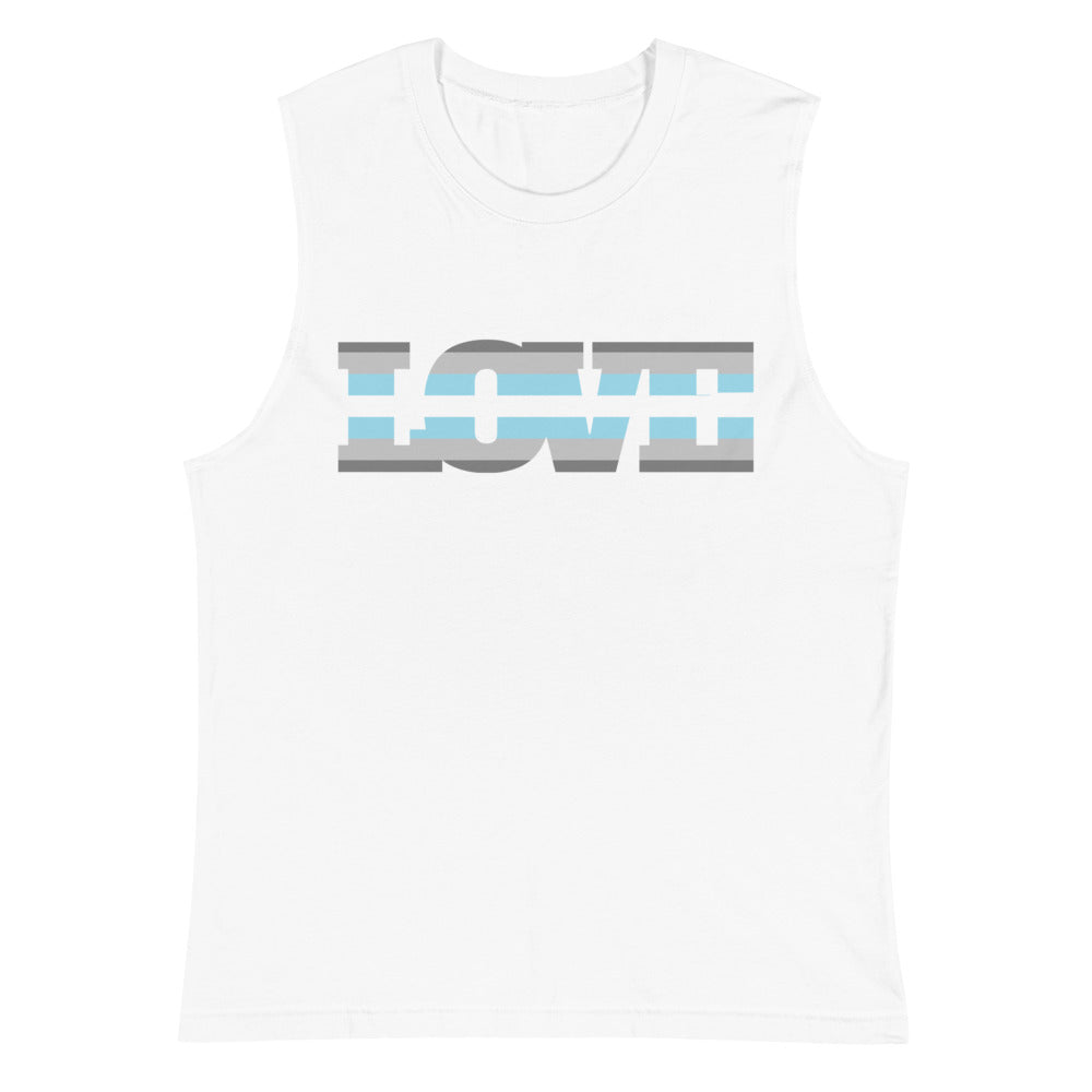 White sleeveless muscle tank with a gray, blue, and white geometric chest graphic