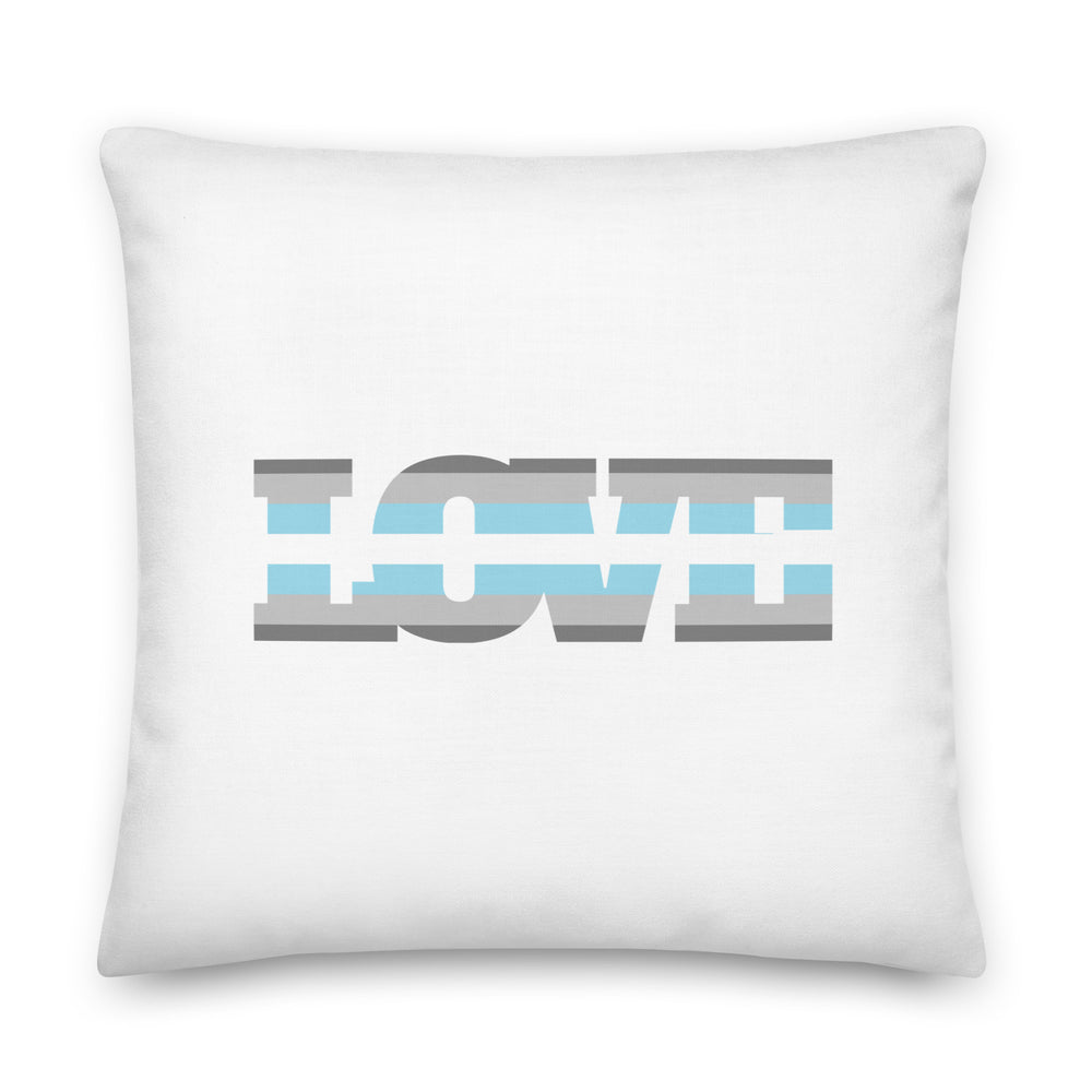 Front-facing white square pillow with a gray, blue, and white striped geometric design