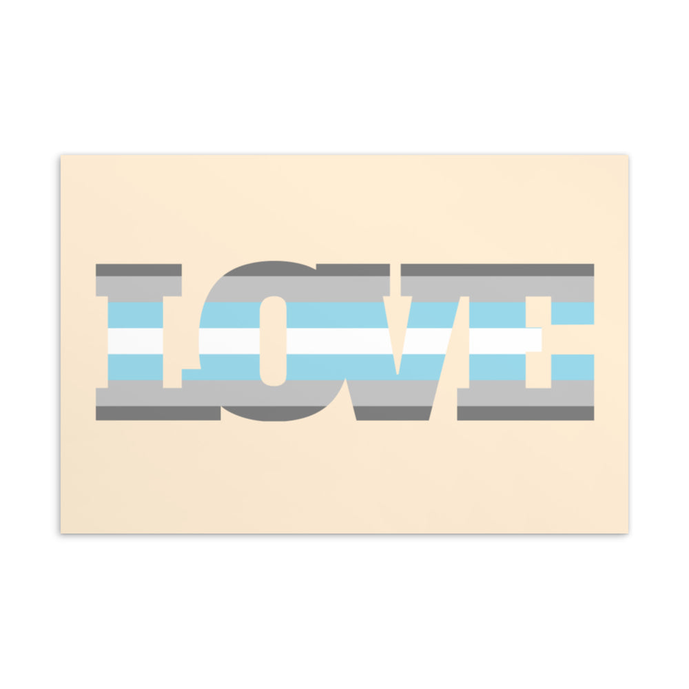 Front of a postcard reading “I LOVE YOU” in demiboy flag colors