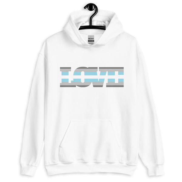 White hoodie on a hanger with a gray and light-blue striped graphic across the chest