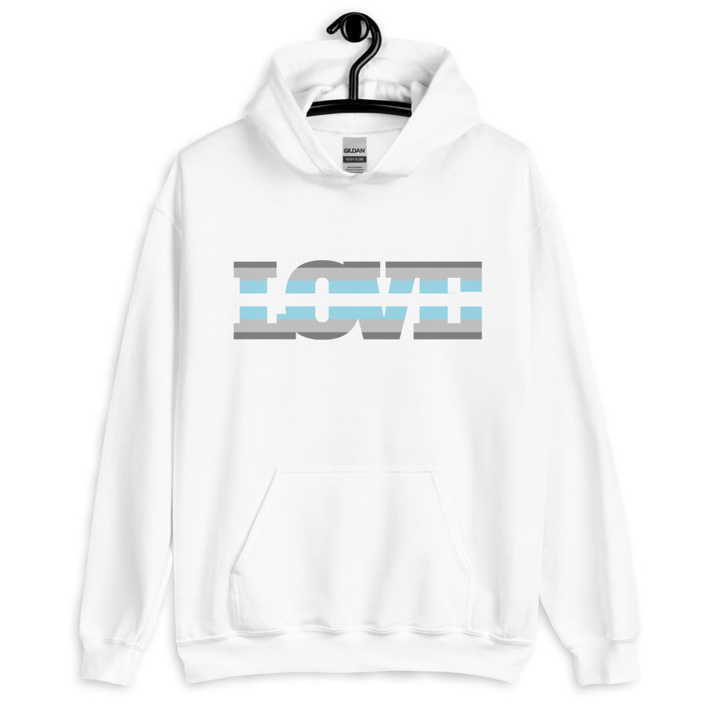 White hoodie on a hanger with a gray and light-blue striped graphic across the chest