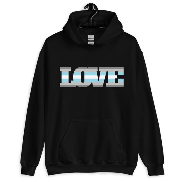 Front view of a black hoodie with large striped “LOVE” lettering in blue, white, and gray