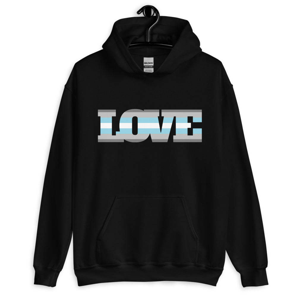 Front view of a black hoodie with large striped “LOVE” lettering in blue, white, and gray