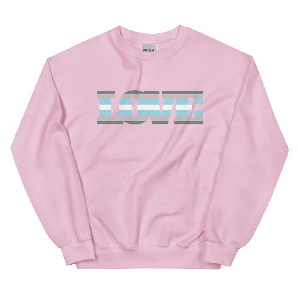 Front view of a pink sweatshirt with a striped demiboy flag graphic and stylized lettering